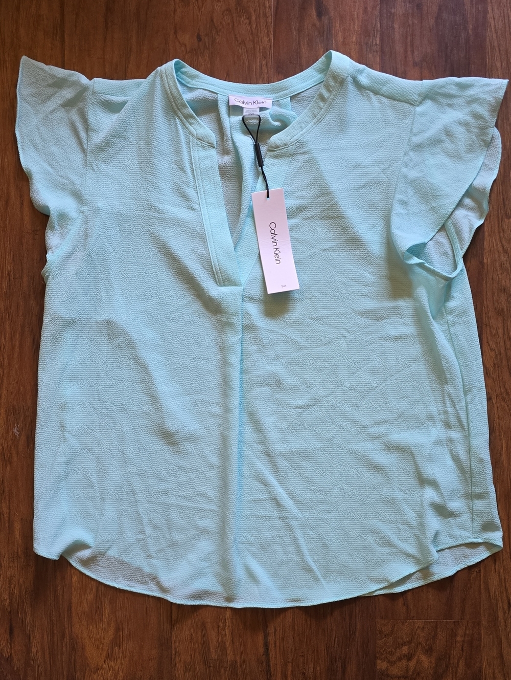 Calvin Klein Light Mint Flutter Sleeve Split Neck Blouse